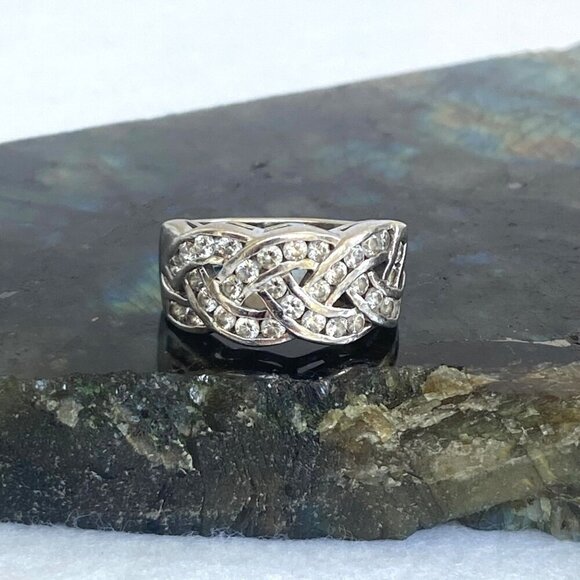 Diamonique Sterling Silver 925 CZ Cubic Zirconia Woven Braided Band Ring 6.5 - Picture 1 of 16